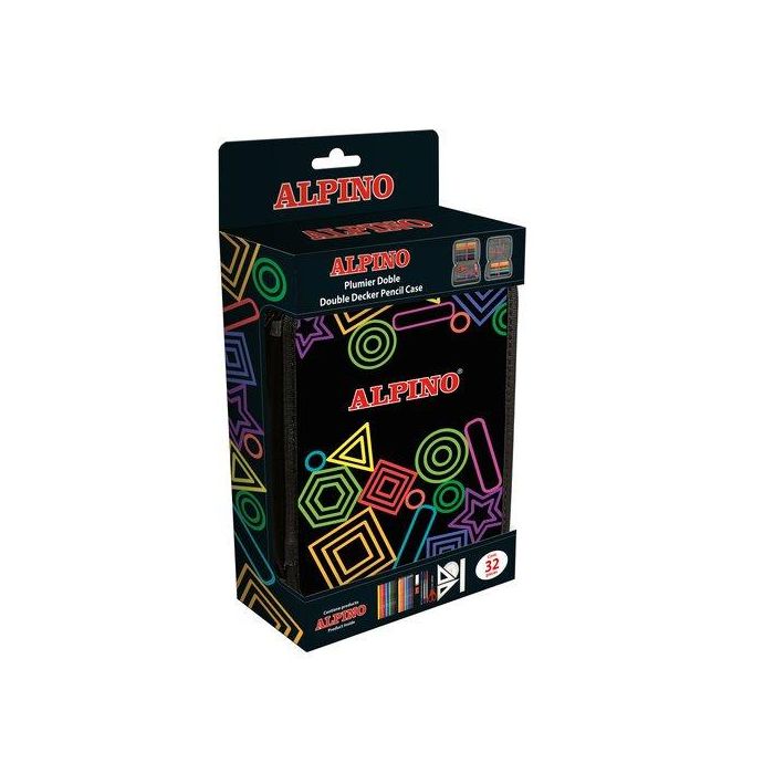 Alpino Plumier Escolar Pequeño Doble Black, 2 Compartimentos, 32 Piezas, Packaging Plastic Free