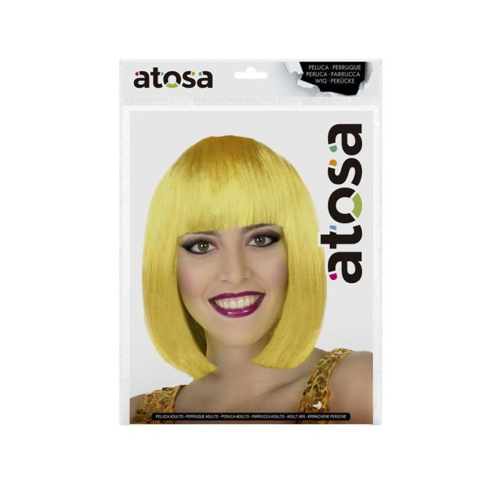 Peluca Amarilla Corta Lisa con Flequillo, 100gr – Ideal para Disfraces, Festivales y Cosplay 1