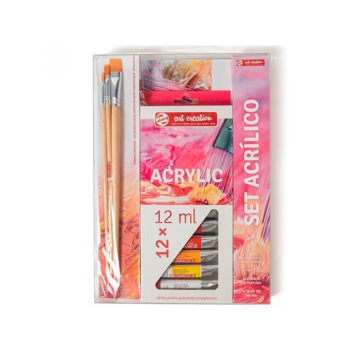 Talens Set Acrílico Art Creation 12 Tubos x 12 mL Colores Surtidos con Pinceles y Bloc