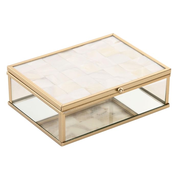 DKD Home Decor Joyero Scandi de Cristal y Metal con Nácar Blanco Dorado 14 x 11 x 5 cm (4 Unidades)