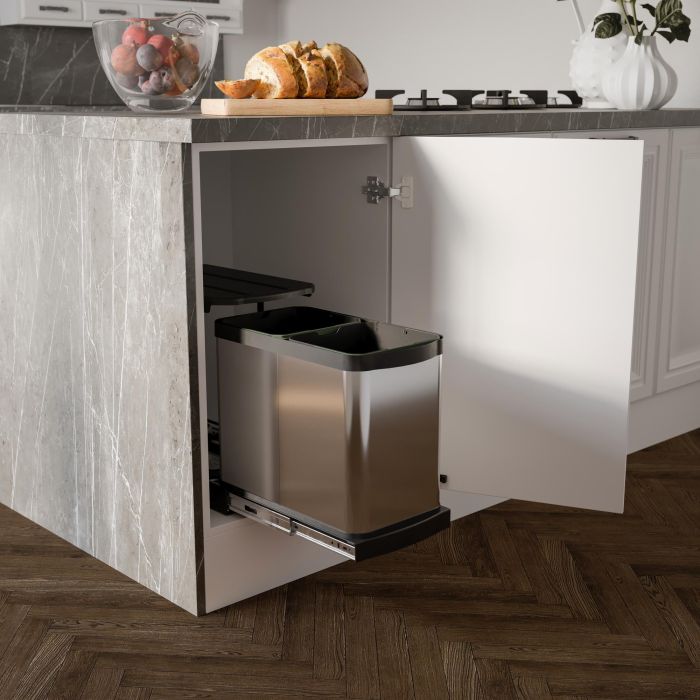 Emuca Contenedor de reciclaje para fijación inferior y extracción manual/automática en mueble de cocina Recycle Inox 2x12litros, Plástico y Acero inoxidable 1 Emuca Contenedor de reciclaje para fijación inferior y extracción manual/automática en mueble de cocina Recycle Inox 2x12litros, Plástico y Acero inoxidable 1