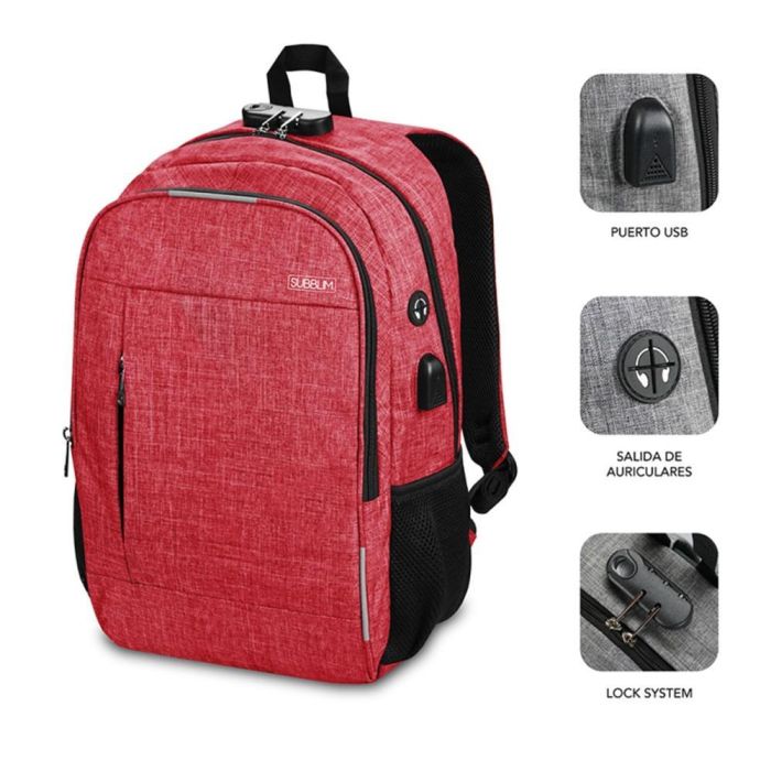 SUBBLIM Mochila para Portátil Urban Lock Backpack 16" Red con Sistema Antirrobo y Puerto USB para Powerbank 1 SUBBLIM Mochila para Portátil Urban Lock Backpack 16" Red con Sistema Antirrobo y Puerto USB para Powerbank 1