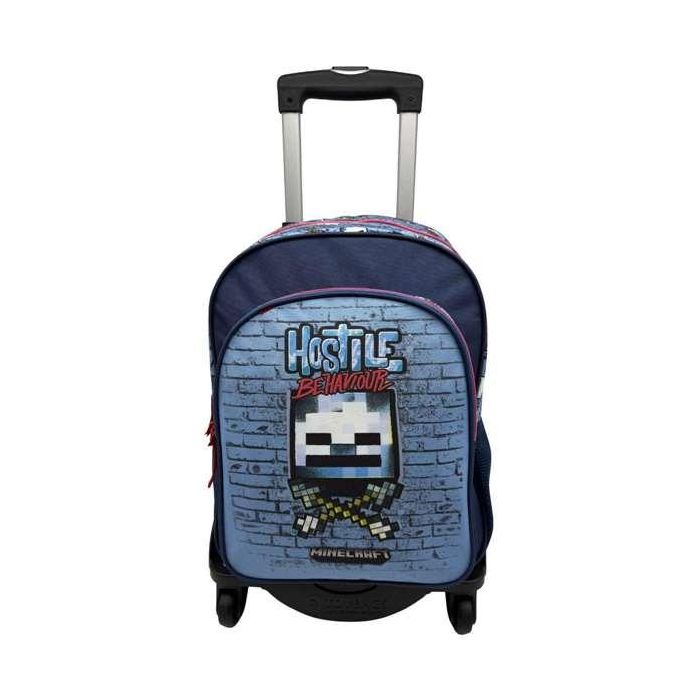 Toybags T963 Mochila Primaria Minecraft Hostile Behaviour Doble Compartimento + Carro Negro con Protección Lateral y Anticaída 44x30x20cm