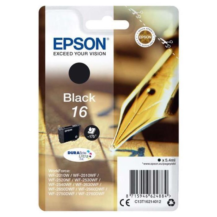 EPSON Paquete de 1 cartucho de tinta - 16 bolígrafos - negro / blanco - capacidad estándar 5,4 ml - 175 páginas en blíster con alarma de bolígrafo EPSON Paquete de 1 cartucho de tinta - 16 bolígrafos - negro / blanco - capacidad estándar 5,4 ml - 175 páginas en blíster con alarma de bolígrafo