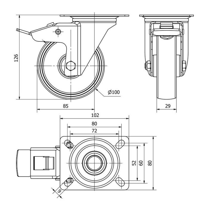 Ruedas Alex Rueda giratoria Poliamix con Placa, Eje Liso y Freno, Color Blanco, Carga Máx. 150 kg, Ø 10 cm