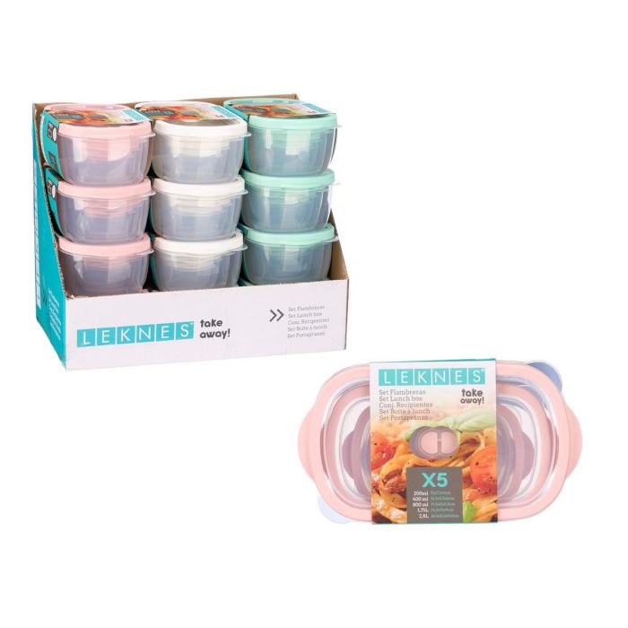 Set de 5 fiambreras Leknes - 200, 400, 800, 1750, 2800 ml - Blanco, Rosa, Verde - 28.5x10.8x16.5 cm (12 Unidades) 1