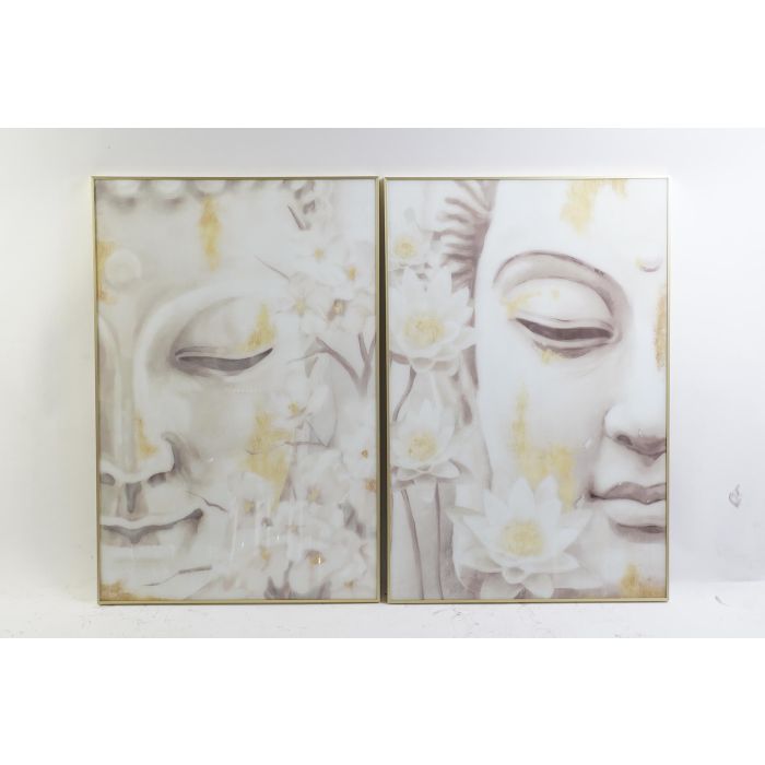 DKD Home Decor Cuadro Oriental de Pared con Buda, Tonos Beige Amarillo Blanco, 120x80cm, Set de 2 Unidades de Cristal y Aluminio