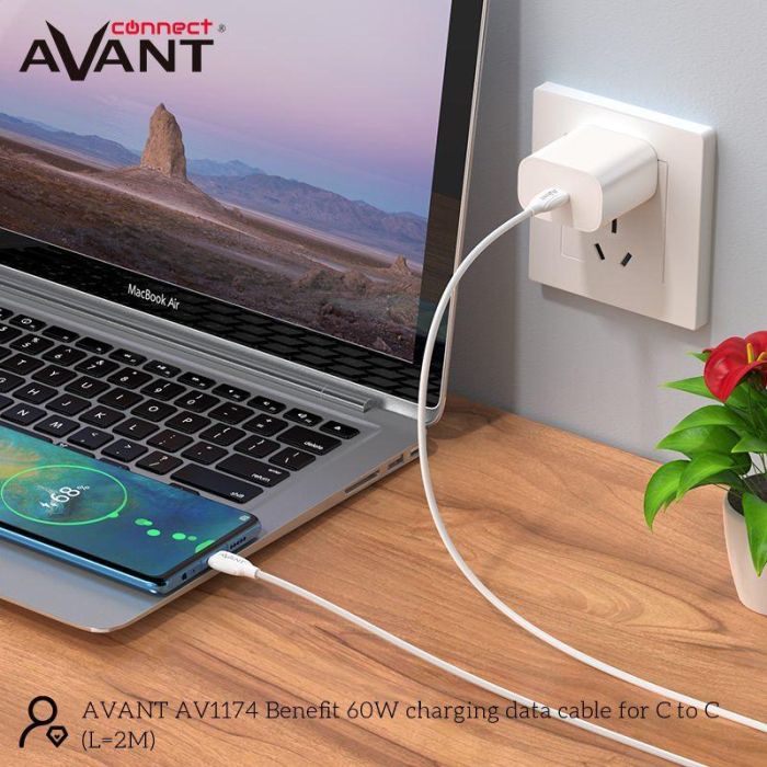 AVANT CONNECT Cable USB C a USB C PD 60W 2 metros - Carga rápida 3A