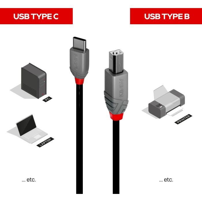 LINDY 1m USB 2.0 Typ C an B Kabel, Anthra Line 2 LINDY 1m USB 2.0 Typ C an B Kabel, Anthra Line 2