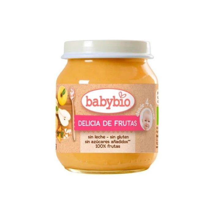 BABYBIO Potito Delicias de Frutas Bio con Manzana, Pera y Melocotón para Bebés +4 Meses, 130g, Sin Gluten ni Azúcares
