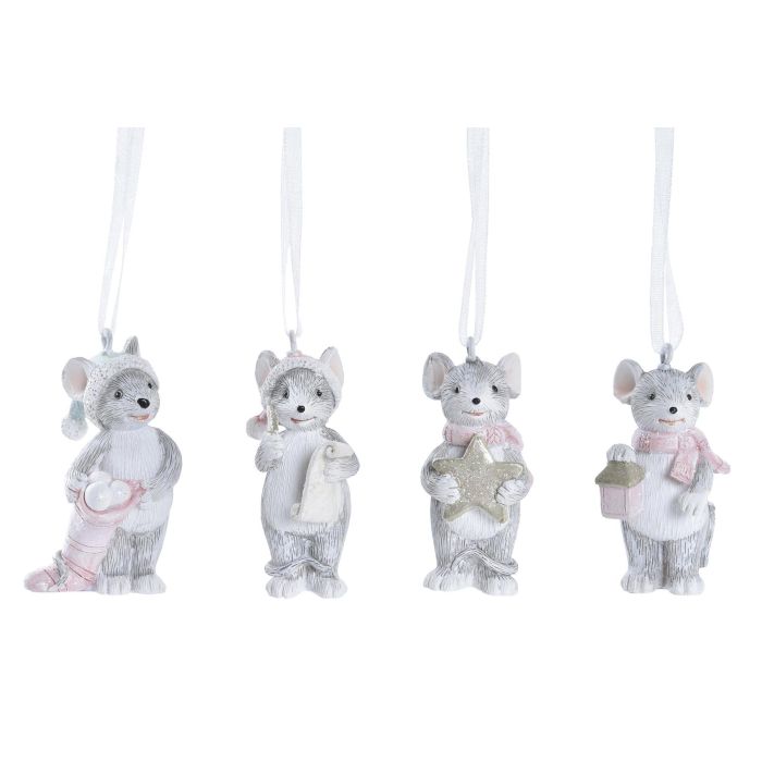 DKD Home Decor Adorno Colgante de Navidad Fantasía Ratón Resina Rosa Gris para Árbol, Set de 12 Unidades, 3x5.5x3 cm