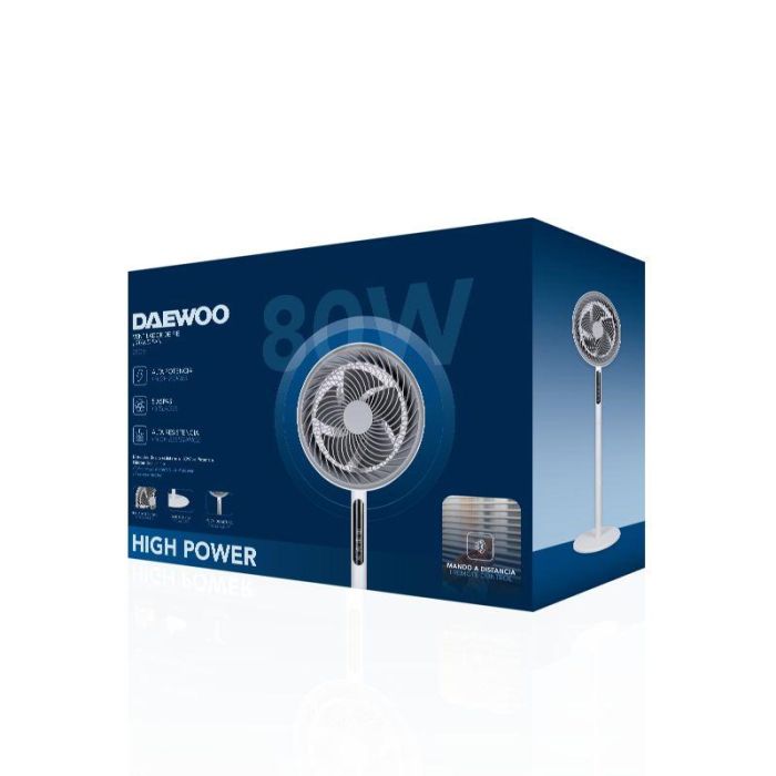 Daewoo Ventilador de Alta Velocidad de 25 cm (10 pulgadas), 80 W con Base Redonda y Mando a Distancia
