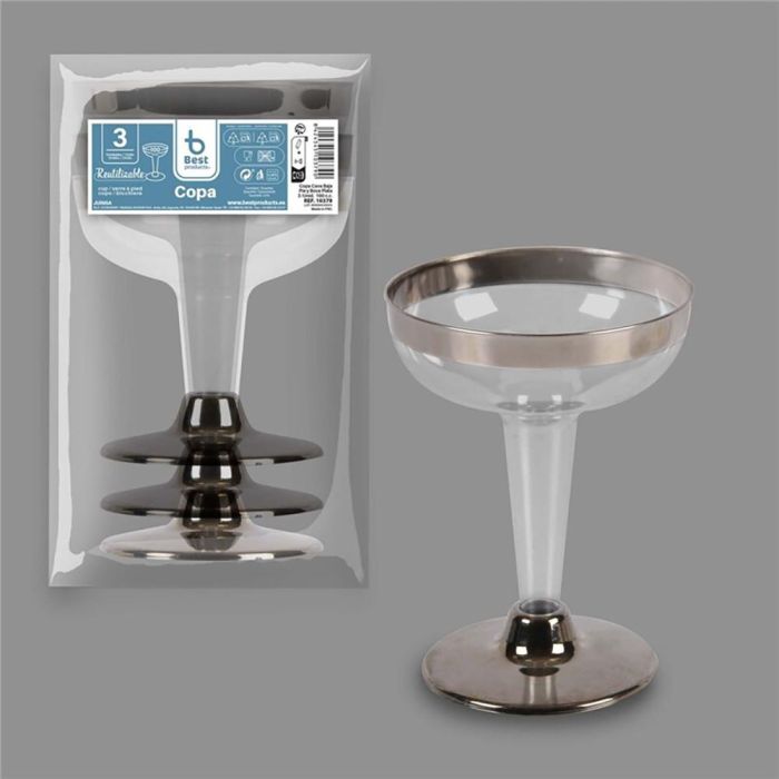 Best Products Copa Baja Reutilizable de Plástico 100 cc, Base/Borde Plata, 3 Unidades. Medidas: Ø8,5 x 11 cm
