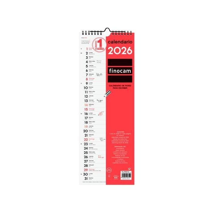 Finocam Calendario de Pared para Escribir, largo 155x430 mm, MV Neutro 2026 – Planificador Anual con Espiral