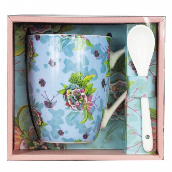 Enesco Taza de Cerámica con Cuchara, Diseño Flores de Michelle Allen para Café o Té