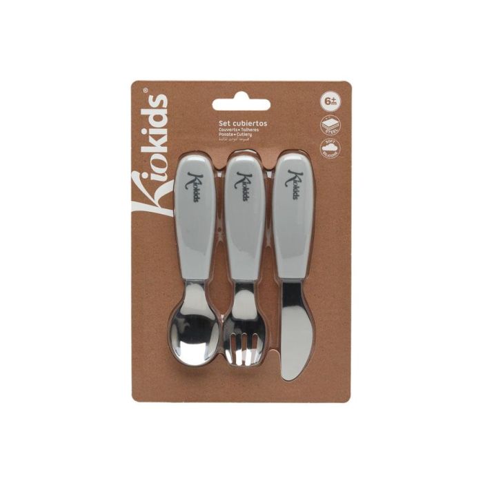 KioKids Set Cubiertos Infantiles Acero Inoxidable y Silicona Gris +6 Meses 4