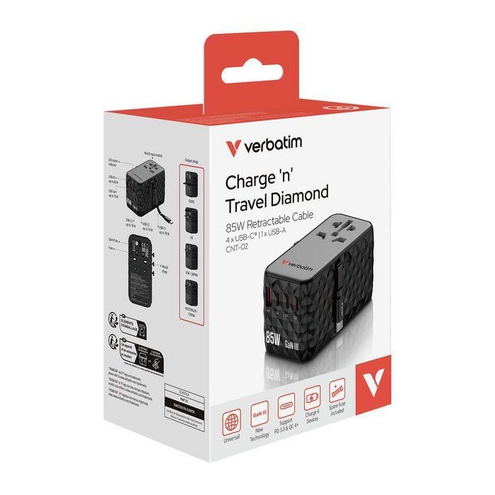 Verbatim Charge 'n' Travel Diamond 85W Retractable Cable CNT-02 Adaptador de Viaje Universal GaN III 11