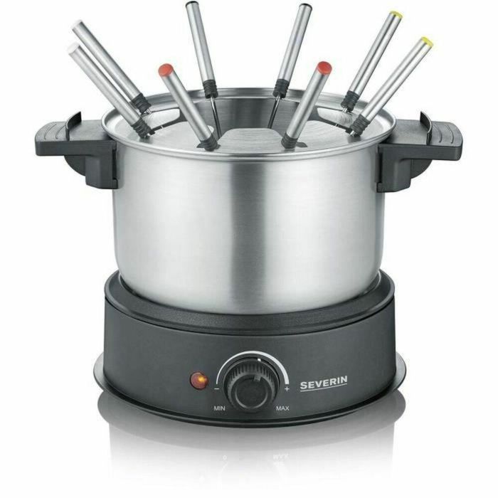 SEVERIN FO2473 Fondue eléctrica 8 personas con olla extraíble de acero inoxidable, Incluye: Protector contra salpicaduras y 8 tenedores