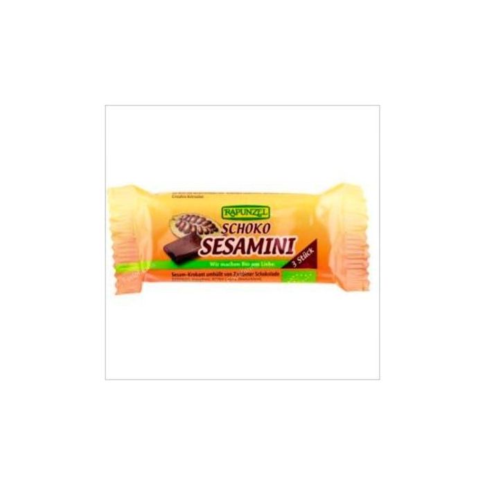 RAPUNZEL Barrita Sesamini Bio con Chocolate y Sésamo Tostado 4x27g Guirlache Crujiente con Azúcar Integral de Caña