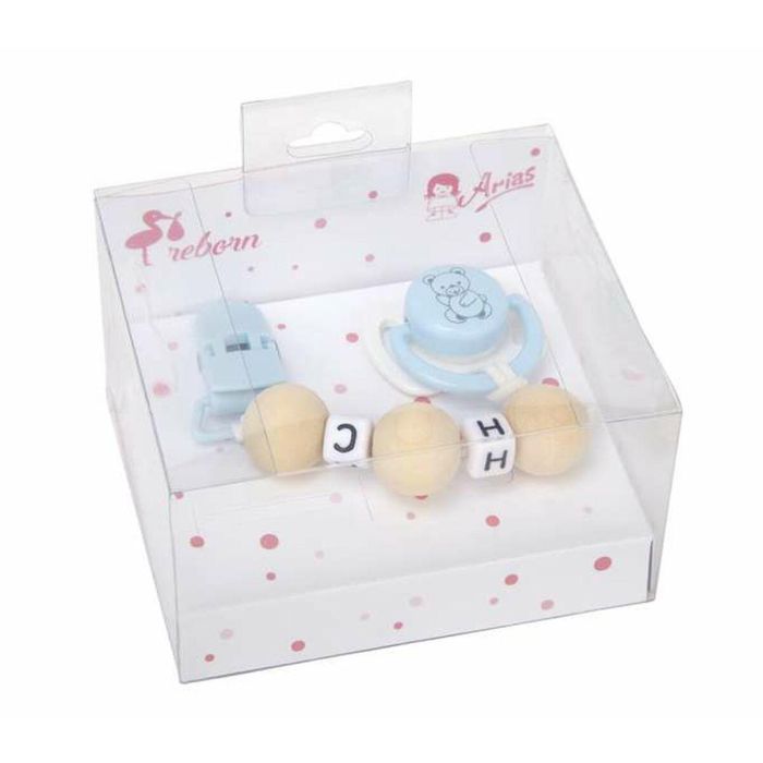 Set chupete azul/blanco c/cadena de bolas de madera y pinza blanca 1