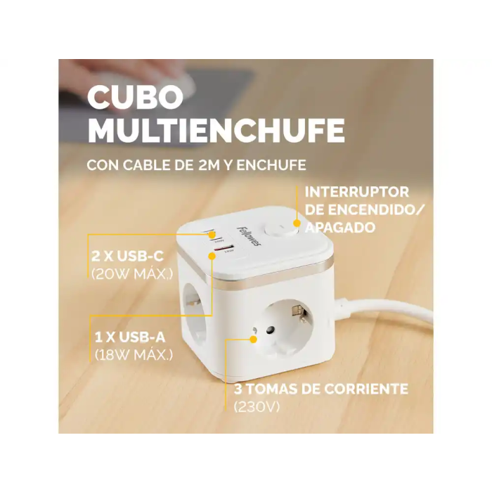 Fellowes Regleta con Interruptor y 3 Tomas, 1 USB-A + 2 USB-C, Cable 2m, Blanca. Ref: 100137168 3