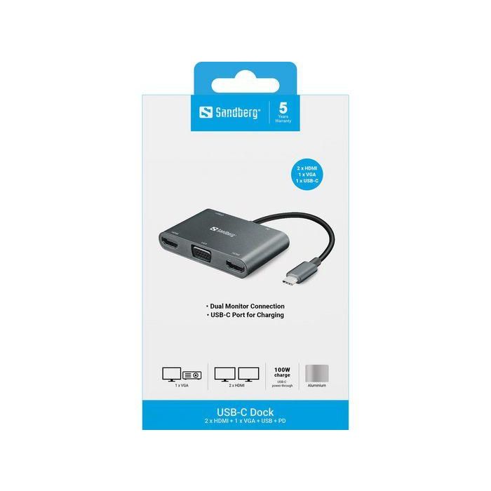 Sandberg USB-C Docking Station Multi-Monitor con 2xHDMI, 1xVGA, USB-A y Power Delivery (PD) para Portátil 1