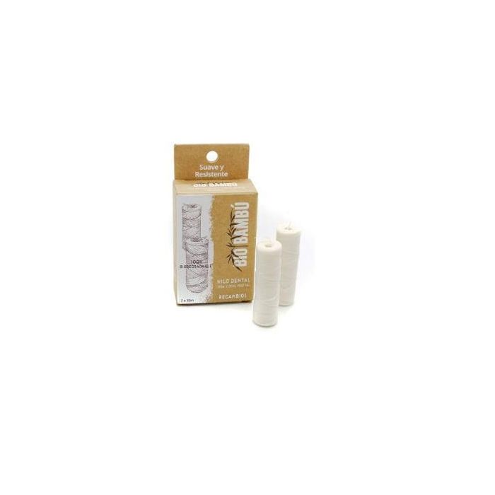 BIOBAMBU Hilo Dental de Seda Natural con Cera Candelilla, Recambio para Frasco de Cristal, 2 Unidades x 30 Metros