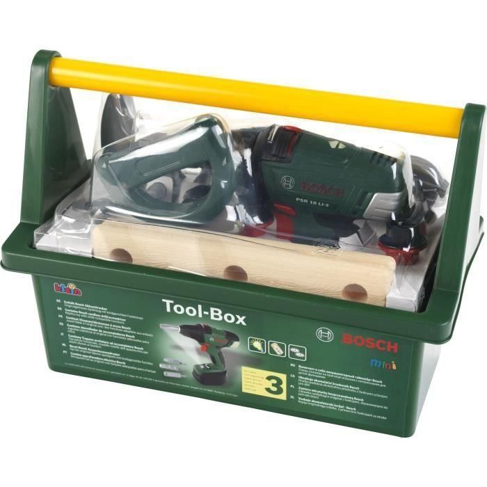 BOSCH Caja de herramientas para niños con destornillador electrónico y funciones realistas. Incluye martillo, sierra, llave. Juguete mixto +3 años