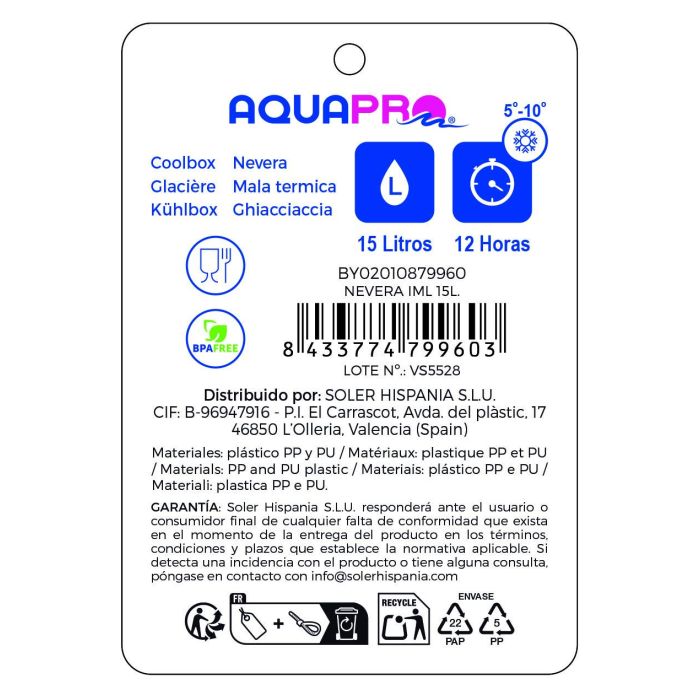 Inde Nevera portátil Iml 15L Aquapro, Capacidad 15 litros, Dimensiones 24.3 x 31 x 32.5 cm (4 Unidades)