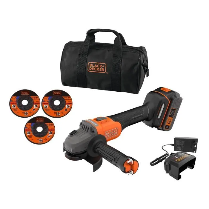 Black+Decker Amoladora Angular Inalámbrica BCG6L8F1S-QW 18V 115mm Sin Escobillas con Batería 4Ah, Cargador, 3 Discos y Bolsa 0 Black+Decker Amoladora Angular Inalámbrica BCG6L8F1S-QW 18V 115mm Sin Escobillas con Batería 4Ah, Cargador, 3 Discos y Bolsa 0