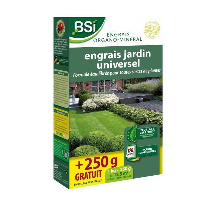 Abono orgánico universal - BSI - Múltiples plantas - Césped, huerta, flores - Acción duradera - 1Kg + 250g gratis - 12,5 m²