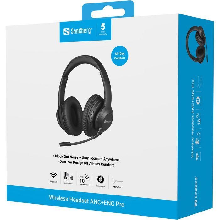 Sandberg Auriculares Inalámbricos ANC+ENC Pro - Comodidad Superior, Cancelación de Ruido Activa y Ambiental, Micrófono Flexible, 24h Batería, USB-C 9