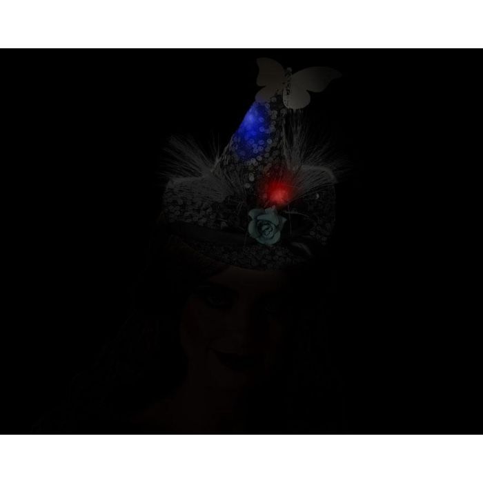 Sombrero Mágico Negro Brillante con Lentejuelas, Mariposa y Flor Azul para Disfraces de Hechicera o Bruja en Halloween y Carnaval 1 Sombrero Mágico Negro Brillante con Lentejuelas, Mariposa y Flor Azul para Disfraces de Hechicera o Bruja en Halloween y Carnaval 1
