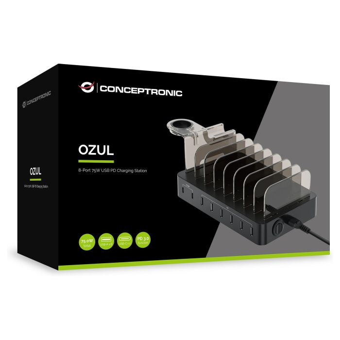 Conceptronic OZUL02B Estación de Carga 75W con 2 Puertos USB-C PD 3.0 y Soporte Apple Watch, 6 Puertos USB-A, Carga Rápida para Nintendo Switch, iPad, iPhone, Samsung