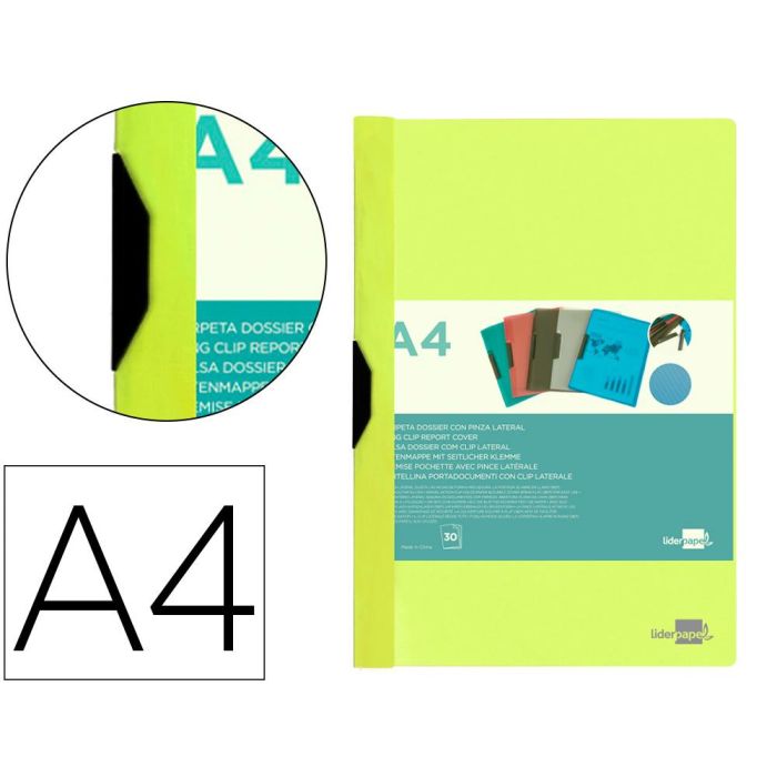 Carpeta Liderpapel Dossier Pinza Lateral Polipropileno Din A4 Amarillo Fluor Opaco 30 Hojas Pinza Deslizante