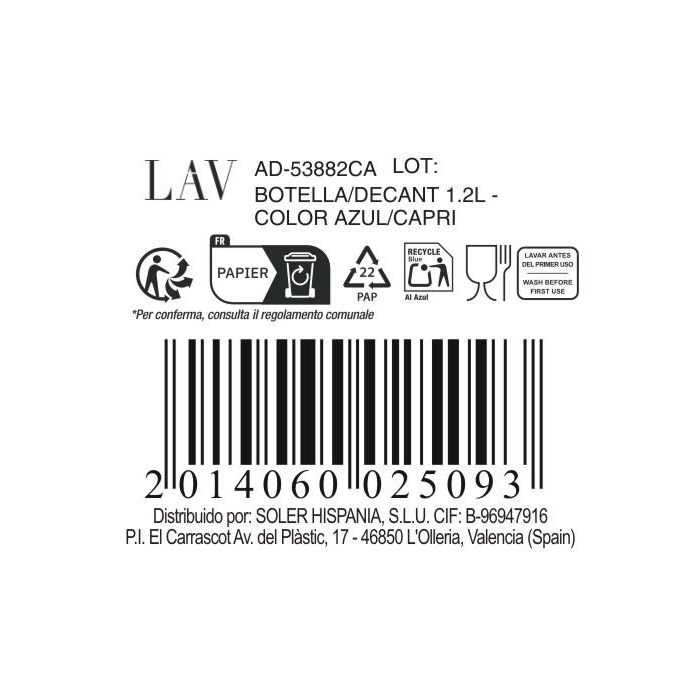 LAV Botella 1.2 litros, Color Azul/Capri, Ø 6.8 x 25 cm (12 Unidades) 1