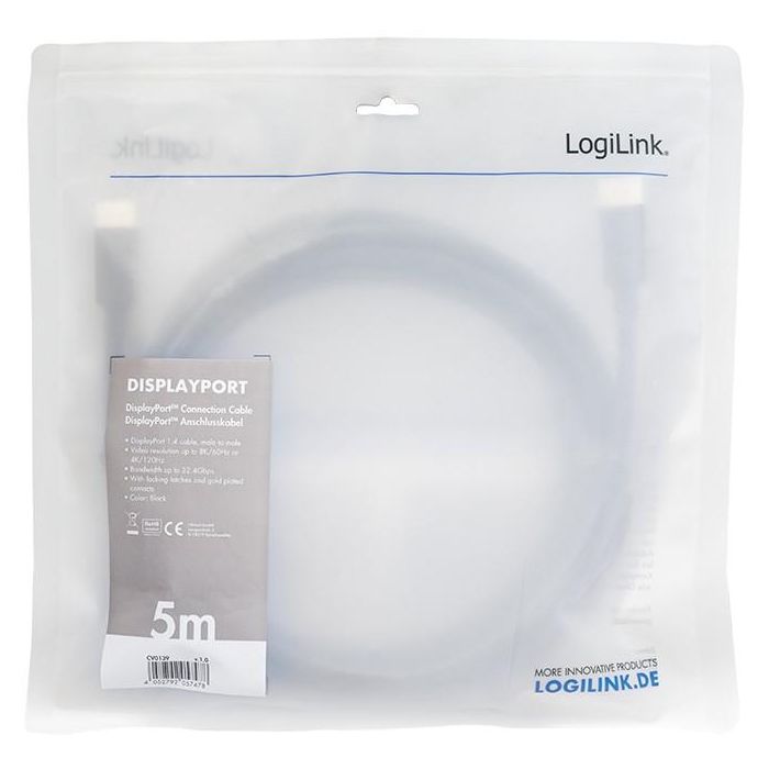 LogiLink CV0139 Cable DisplayPort Macho a Macho DP 1.4, 5m, Negro, 8K@60Hz, 32.4 Gbit/s, Resolución 3840x2160