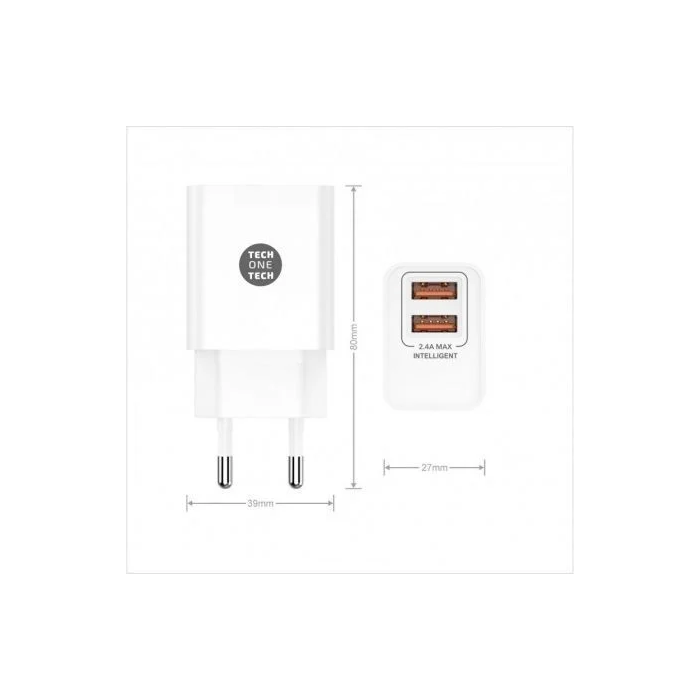 Cargador Tech-One-Tech Doble Pared Blanco + Cable Usb-Usb-C Alto Rendimiento 2,4A 1