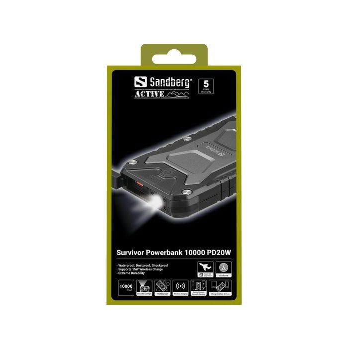 Sandberg Survivor Powerbank 10000 mAh PD20W, Batería Externa Impermeable y Resistente, Carga Rápida Qi Inalámbrica para Smartphones y Dispositivos 6