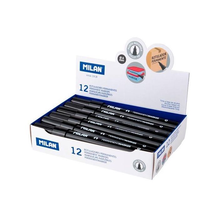 Milan Rotulador Permanente Punta Redonda Ø4 mm Negro Caja 12 Ud Milan Rotulador Permanente Punta Redonda Ø4 mm Negro Caja 12 Ud