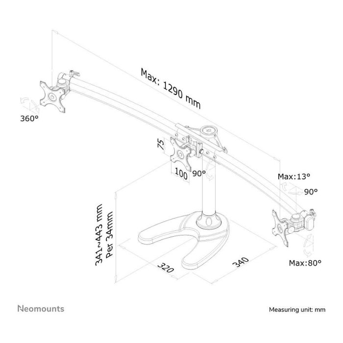 Neomounts Soporte de Escritorio para 3 Monitores hasta 27" (8kg) FPMA-D700DD3 - Giratorio, Ajustable en Altura y Rotación 360°, VESA 100x100/75x75 mm, Negro