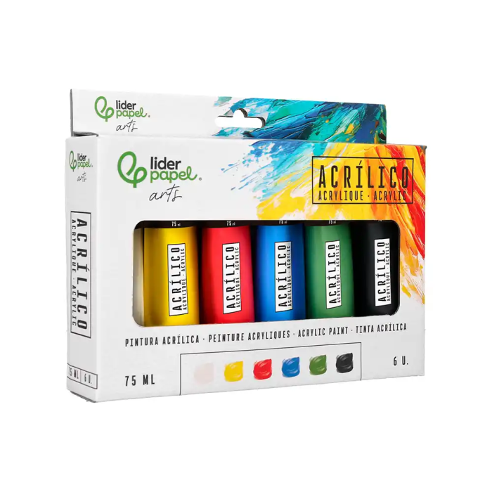 Liderpapel Pintura Acrílica Caja de 6 Tubos de 75 ml Colores Básicos 3