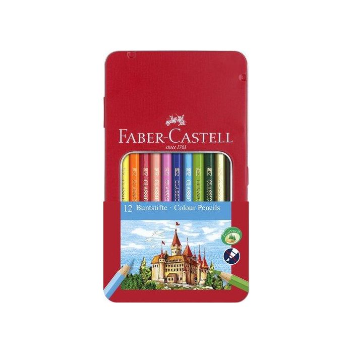 Faber Castell Lápices de Colores Caja Metálica 12 Unidades Surtidos, Hexagonal Mina Protegida SV, Alta Calidad, Ecolápices