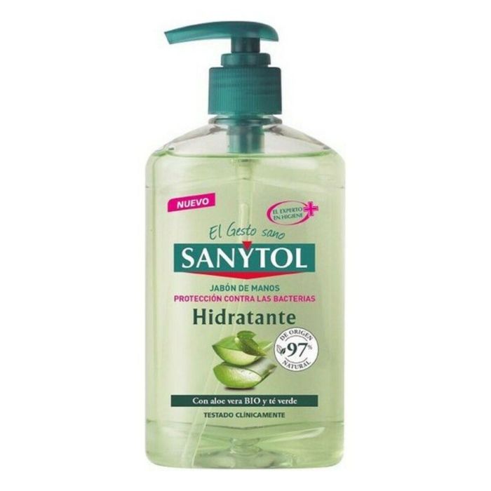 Sanytol Jabón de Manos Líquido Antibacteriano Hidratante Protección Desinfectante con Aloe Vera y Té Verde 250 ml Dosificador