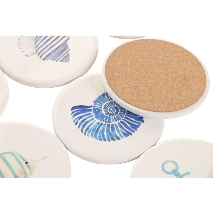 DKD Home Decor Posavasos Mediterraneo Azul Blanco Dolomita Corcho 10.8 x 10.8 x 0.7 cm (72 Unidades)