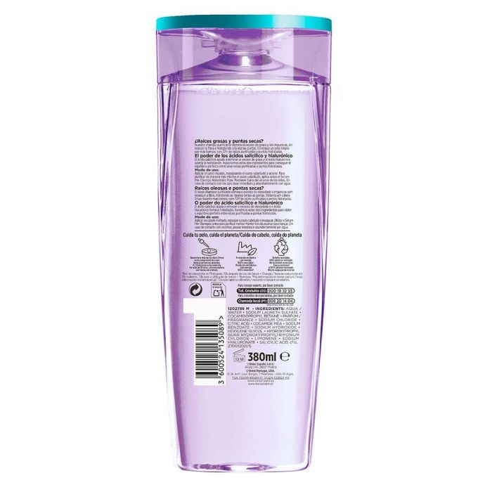 L'Oréal Paris Champú Elvive Hialurónico Pure Purificante Raíces Grasas Puntas Secas 380 ml 1