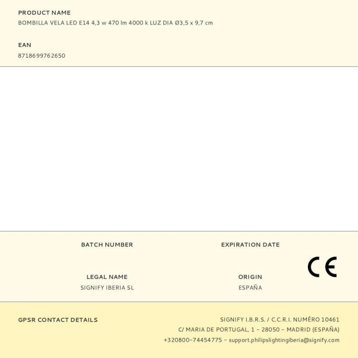 Philips Bombilla Vela LED E14 4.3W 470lm 4000K Luz Día No Regulable Ø3.5x9.7cm