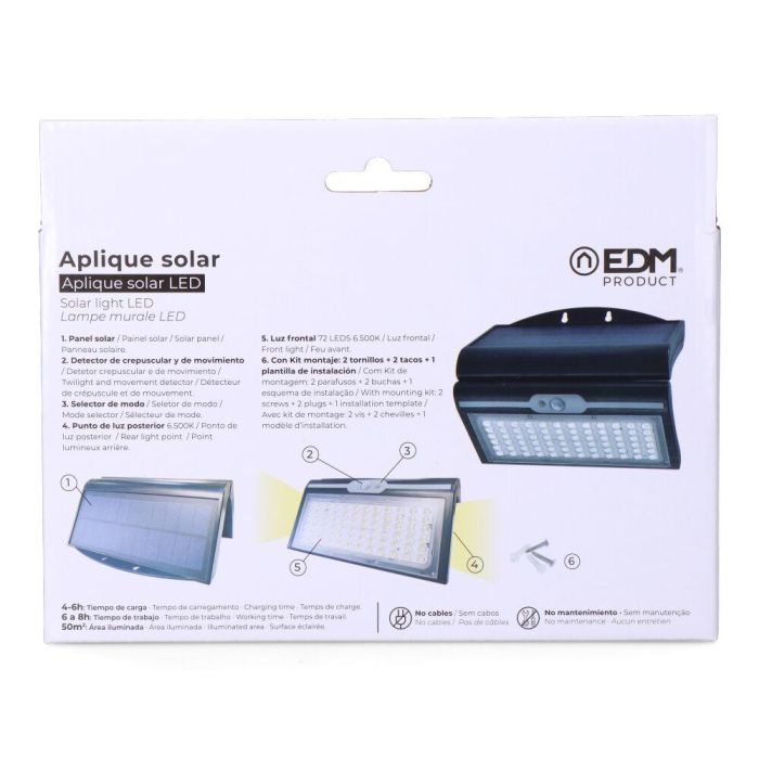 Edm Aplique Solar 6W 430lm 6500K con Sensor, Color Negro 4