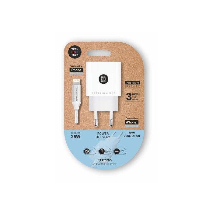 Cargador Tech-One-Tech Pared Blanco + Cable Usb-C - Lightning Alto Rendimiento Pd 20W