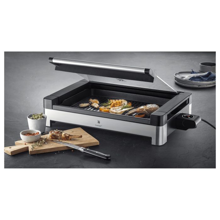 WMF Lono Tischgrill 0415430011 - Parrilla de Mesa Rectangular, Acero Inoxidable Negro, Aluminio, 2200 W, 600 x 413 mm, con Sensor y Bandeja 3